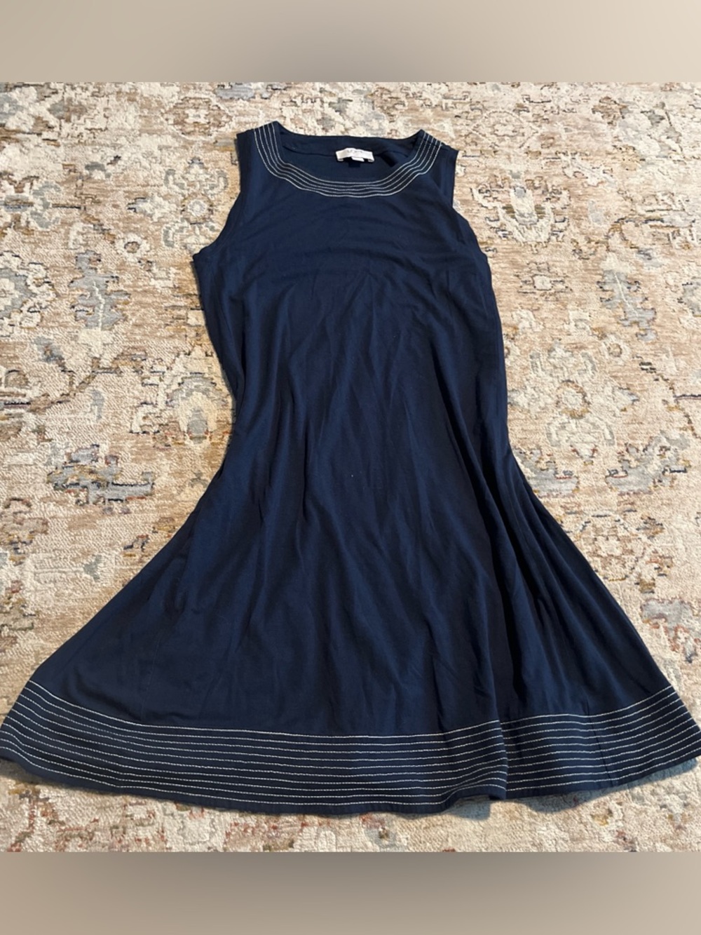 LOFT Navy Sleeveless A-Line Midi Dress with Stitch Trim